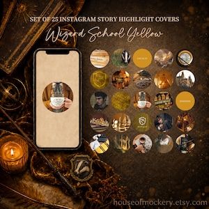 May include: A set of 25 circular Instagram story highlight covers titled Wizard School Yellow, featuring various yellow and brown themed imagery including crests, landscapes, and text, displayed on a smartphone screen and as individual icons.