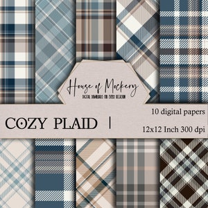 Cozy Plaid Digital Scrapbook Paper Kit 12x12 Inch, 10 Digital INSTANT DOWNLOAD HD Papers, Blue and Cream Plaid Scrapbook Paper Digital