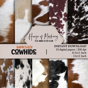 Cowhide Digital Scrapbook Paper Kit 8.5x11 and 12x12, Digital INSTANT DOWNLOAD HD Papers, Cow Print Scrapbook Paper Digital Journal Papers