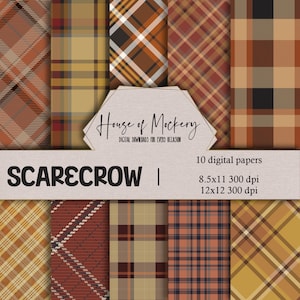 Scarecrow Plaid Digital Scrapbook Paper Kit 8.5x11 and 12x12, Digital INSTANT DOWNLOAD HD Papers, Fall Themed Plaid Scrapbook Paper Digital