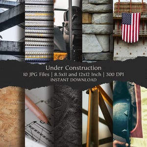 May include: A collage of images with a construction theme. Includes close-ups of rebar, stone, machinery, an American flag, blueprints, and wood. Text reads "Under Construction" and file details.