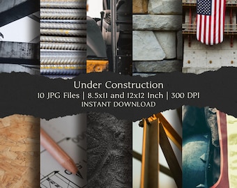 Under Construction Digital Paper Kit 8.5x11 and 12x12 Inch, 10 Digital INSTANT DOWNLOAD Hi-Res JPG, Journal, Scrapbooking & Printable Crafts