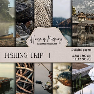 Fishing Trip Digital Scrapbook Paper Kit 8.5x11 and 12x12, 10 Digital INSTANT DOWNLOAD High Definition Papers, Scrapbook Paper Digital