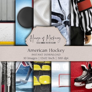 American Hockey Digital Paper Kit 12x12 Inch, 10 Digital INSTANT DOWNLOAD Hi-Res JPEGs for Junk Journals, Scrapbooking & Printable Crafts