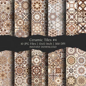 Puede incluir: Una colección de diez diseños de baldosas cerámicas en tonos marrones, beige y crema. Cada baldosa presenta intrincados patrones geométricos y florales. El texto "Ceramic Tiles #4" y "30.48 cm x 30.48 cm" es visible.