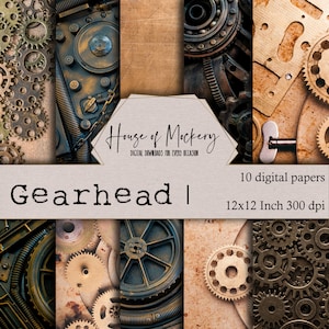 Kit de papel de álbum de recortes digital Gearhead 12x12 pulgadas, 10 papeles digitales de descarga instantánea de alta definición, Steampunk, papel de álbum de recortes masculino