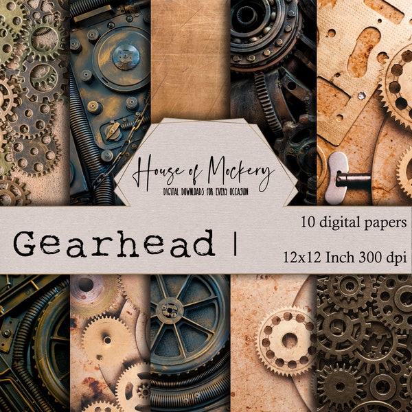 Gearhead Digital Scrapbook Paper Kit 12x12 Inches, 10 Digital INSTANT DOWNLOAD High Definition Papers, Steampunk, Masculine Scrapbook Paper