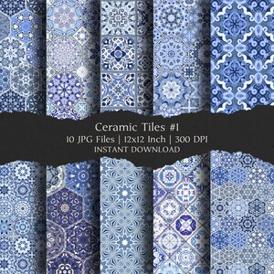 Può includere: Una collezione di dieci design digitali di piastrelle in ceramica nei toni del blu e del bianco. Ogni piastrella presenta un motivo geometrico unico, inclusi motivi floreali e a stella. Il testo "Ceramic Tiles #1" è visualizzato, con dettagli del file e dimensioni di 30.48cm x 30.48cm.