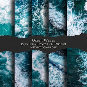 May include: A digital art print showcasing ten panels of ocean waves in teal and white. The image includes the text "Ocean Waves" and details about the file format and size, 30.48cm x 30.48cm.