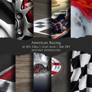 May include: A collage of images with a racing theme. Includes a close-up of a car wheel, a race car driver, a speedometer, a checkered flag, and the text "American Racing". The images are 30.48cm x 30.48cm.