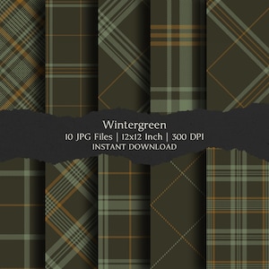 Op de afbeelding: Een verzameling van tien digitale ruitpatronen in groen- en goudtinten. De patronen tonen diverse klassieke ruitontwerpen, waaronder visgraat en diagonale lijnen. De tekst "Wintergreen" en productdetails worden op een donkere achtergrond weergegeven.