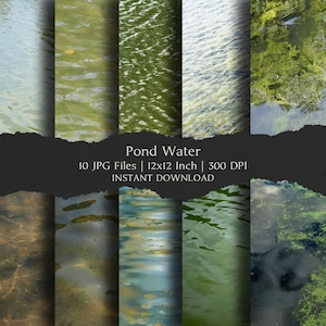 Pode incluir: Uma impressão de arte digital com dez imagens diferentes de água de lagoa. A água varia em cor, de transparente a verde, com texturas de ondulações e algas. O texto "Pond Water" e outros detalhes estão incluídos.