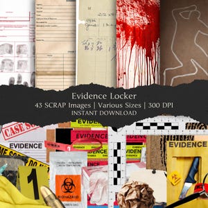 Puede incluir: Un collage de imágenes de pruebas de escenas del crimen, que incluyen documentos, salpicaduras de sangre, un contorno de tiza y marcadores de pruebas. El texto "Evidence Locker" y "43 SCRAP Images" son visibles. También se mencionan varios tamaños y 300 DPI.