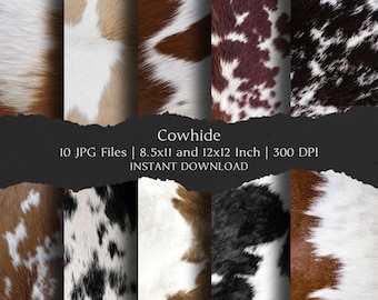 Cowhide Digital Paper Kit 8.5x11 and 12x12 Inch,10 Digital INSTANT DOWNLOAD Hi-Res JPEG Junk Journal, Scrapbooking & Printable Crafts
