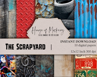 The Scrapyard Digital Background Papers Kit 12x12 Inch, 10 Digital INSTANT DOWNLOAD High Definition Papers, Junk Journal Digital Papers