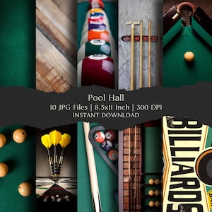 May include: A collage of images related to a pool hall, including billiard balls, cues, and a dartboard. The text "Pool Hall" is displayed, along with file details. The images are arranged to create a thematic collection.
