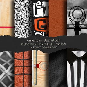 Peut inclure: Collection d'art numérique "American Basketball" avec des motifs et textures sur le thème du basket-ball. La collection comprend des images d'un ballon, d'un terrain, d'un filet et d'une chemise d'arbitre. Les images mesurent 30,48 x 30,48 cm.