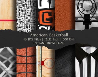 American Basketball Digital Paper Kit 12x12 Inch, 10 Digital INSTANT DOWNLOAD Hi-Res JPEG for Junk Journal, Scrapbooking & Printable Crafts
