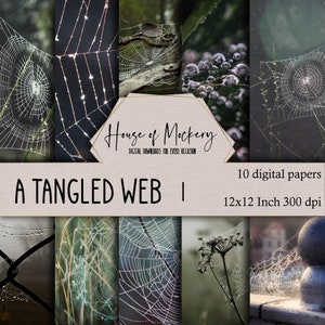 Zestaw papieru cyfrowego A Tangled Web 12x12 cali, 10 cyfrowych papierów o wysokiej rozdzielczości, papier do scrapbookingu na zewnątrz z motywem pajęczej sieci
