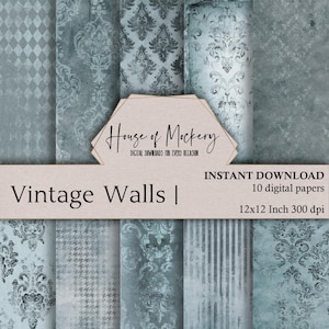 Vintage Walls Blue Grey Digital Paper Kit/12x12 Inch 300 dpi, 10 Digital INSTANT DOWNLOAD High Def Papers, Grunge Damask Themed Backgrounds