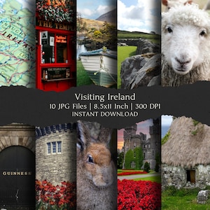 Op de afbeelding: Een collage van afbeeldingen die Ierland vertegenwoordigen, waaronder een kaart, een rode pub, een boot op een meer, een stenen muur, een schaap, een kasteel, een konijn en een huisje. Tekst luidt "Visiting Ireland" en "10 JPG Files | 8.5x11 Inch | 300 DPI | INSTANT DOWNLOAD."