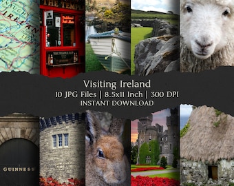 May include: A collage of images showcasing Ireland, including a map, a red pub, a boat on a lake, a stone wall, a sheep, a castle, a rabbit, and a thatched-roof cottage. Text reads "Visiting Ireland" and "10 JPG Files | 8.5x11 Inch | 300 DPI | INSTANT DOWNLOAD."