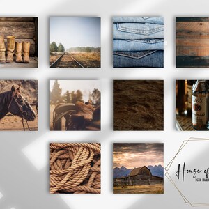 May include: A collection of ten square images featuring western themes including brown leather boots, railroad tracks, folded blue denim, wood planks, a horse, a saddle, dark soil, vodka bottles, coiled rope, and a barn with the text House of Mockery.