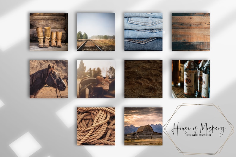 May include: A collection of ten square images featuring western themes including brown leather boots, railroad tracks, folded blue denim, wood planks, a horse, a saddle, dark soil, vodka bottles, coiled rope, and a barn with the text House of Mockery.