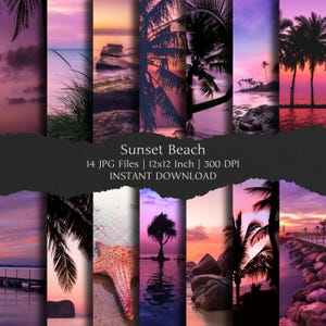 May include: A collection of digital art prints featuring sunset beach scenes. The images showcase vibrant colors of pink, purple, and orange skies, with palm trees, water, and sand. The text "Sunset Beach" and other details are included.