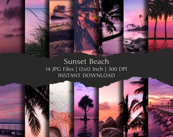 Kit de papel digital Sunset Beach de 30,5 x 30,5 cm, 14 imágenes JPEG de alta resolución con descarga instantánea para diarios basura, álbumes de recortes y fondos imprimibles para manualidades.