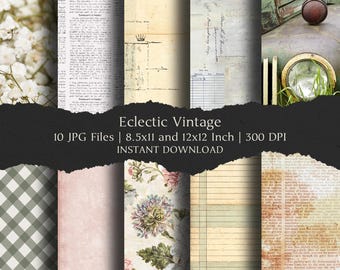 Eclectic Vintage Digital Paper Kit 8.5x11 and 12x12 Inch,10 Digital INSTANT DOWNLOAD Hi-Res JPG Junk Journal, Scrapbooking, Printable Crafts