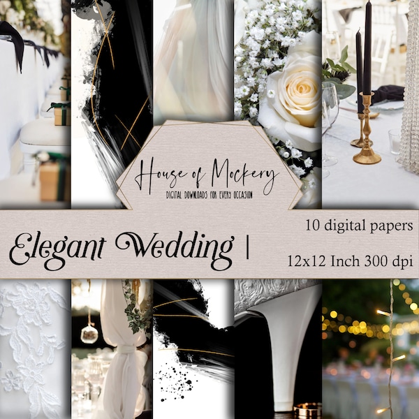 Elegant Wedding Digital Scrapbook Paper Kit 12x12 Inch, 10 Digital INSTANT DOWNLOAD High Def Papers, Realistic Black & GoldThemed Paper