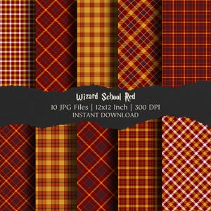 May include: A collection of ten digital JPG files featuring various plaid patterns in shades of red, gold, and white. The text "Wizard School Red" is displayed, along with file details: 12x12 inch size and 300 DPI resolution.