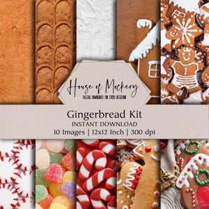 Gingerbread Kit Digital Paper Kit 12x12 Inch, 10 Digital INSTANT DOWNLOAD Hi-Res JPEGs for Junk Journals, Scrapbooking & Printable Crafts