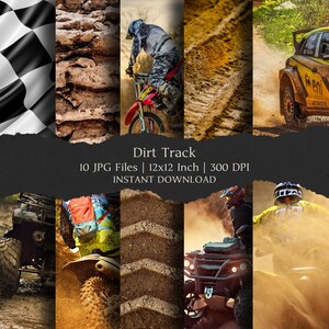 Puede incluir: Un gráfico de descarga digital con un collage de imágenes relacionadas con las carreras de pista de tierra. Las imágenes incluyen una bandera a cuadros, primeros planos de texturas de tierra y tomas de acción de motocicletas, vehículos todo terreno y un coche de rally. Se muestra el texto "Dirt Track".
