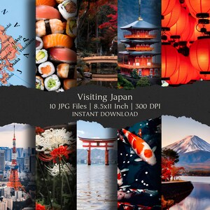 Op de afbeelding: Een collage van afbeeldingen die Japan vertegenwoordigen, waaronder sushi, een kaart, een brug, een pagode, rode lantaarns, een toren, bloemen, een torii-poort, koi-vissen en de berg Fuji. De tekst luidt "Visiting Japan".