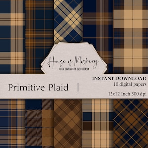Kit di carta digitale a quadri primitivi 12 x 12 pollici, 10 carte HD digitali con download immediato, carta per scrapbooking a quadri blu e marrone, junk journal