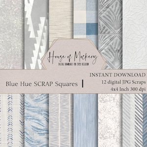 Blue Hue Scrap Squares Paper Kit /Collage SCRAPS Kit 4x4 inch, 12 Digital INSTANT DOWNLOAD High Definition Papers, Junk Journal Backgrounds