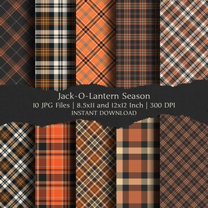 May include: A collection of ten plaid patterns in shades of orange, black, brown, and white. The patterns are arranged in a grid, with variations in the size and direction of the plaid. The text "Jack-O-Lantern Season" is displayed, along with file details.