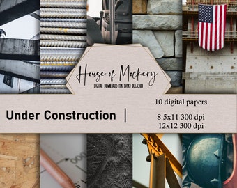 Under Construction Digital Scrapbook Paper Kit 8.5x11 and 12x12, 10 Digital INSTANT DOWNLOAD High Def Papers, Masculine Scrapbook Paper