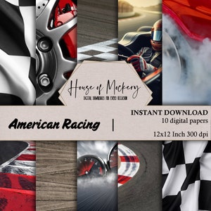 American Racing Digital Scrapbook Paper Kit/12x12, 10 Digital INSTANT DOWNLOAD High Definition Papers, Sports Theme Digital Scrapbook Paper