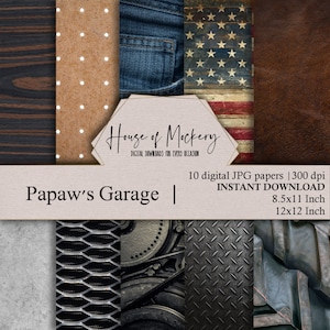 Papaw's Garage Digital Scrapbook Paper Kit 8.5x11 and 12x12, 10 Digital INSTANT DOWNLOAD High Definition Papers, Scrapbook Paper Digital