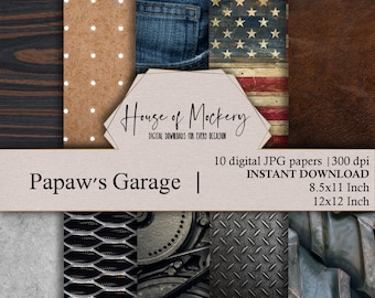 Papaw&#39;s Garage Digital Scrapbook Paper Kit 8.5x11 and 12x12, 10 Digital INSTANT DOWNLOAD High Definition Papers, Scrapbook Paper Digital