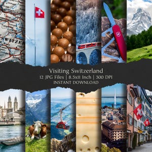 May include: A collage of images showcasing Switzerland, including a map, Swiss flag, chocolates, a train on a bridge, a Swiss Army knife, and mountain scenery. The text "Visiting Switzerland" is displayed, along with file details.