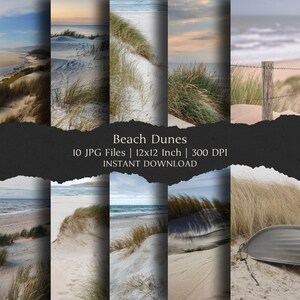 Könnte beinhalten: Ein digitaler Download mit zehn Stranddünen-Landschaftsbildern. Jedes Bild zeigt sandige Dünen mit grünen Gräsern, dem Meer und einem bewölkten Himmel. Der Text lautet "Beach Dunes" und "12x12 Inch".