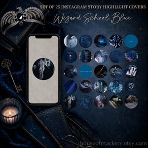 May include: A set of 25 circular Instagram story highlight covers titled Wizard School Blue, featuring various dark blue and navy themed imagery including books, feathers, crests, and magical artifacts displayed on a smartphone screen.