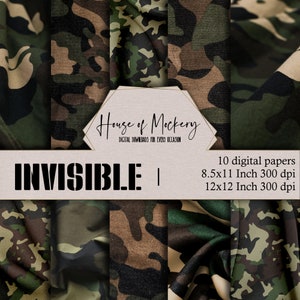 Kit de papel digital para álbum de recortes con temática militar invisible de 8,5 x 11 y 12 x 12, 10 papeles digitales de alta definición con DESCARGA INSTANTÁNEA, papel de camuflaje