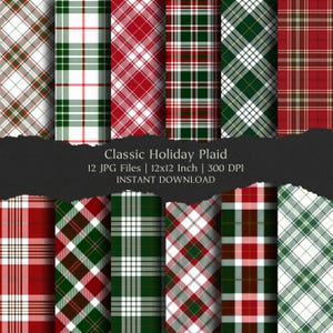 Peut inclure: Douze motifs de plaid numériques en rouge, vert et blanc. Les motifs présentent des designs de vacances classiques avec des lignes diagonales et quadrillées. Le texte "Classic Holiday Plaid" et d'autres détails sont affichés en dessous. Chaque motif mesure 30,48 cm x 30,48 cm.