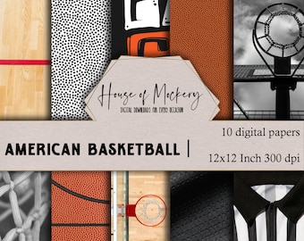 American Basketball Digital Scrapbook Paper Kit/12x12, 10 Digital INSTANT DOWNLOAD High Definition Papers, Sports Theme Digi Scrapbook Paper