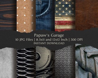 Papaw's Garage Digital Paper Kit 8.5x11 and 12x12 Inch,10 Digital INSTANT DOWNLOAD Hi-Res JPEG Junk Journal, Scrapbooking & Printable Crafts
